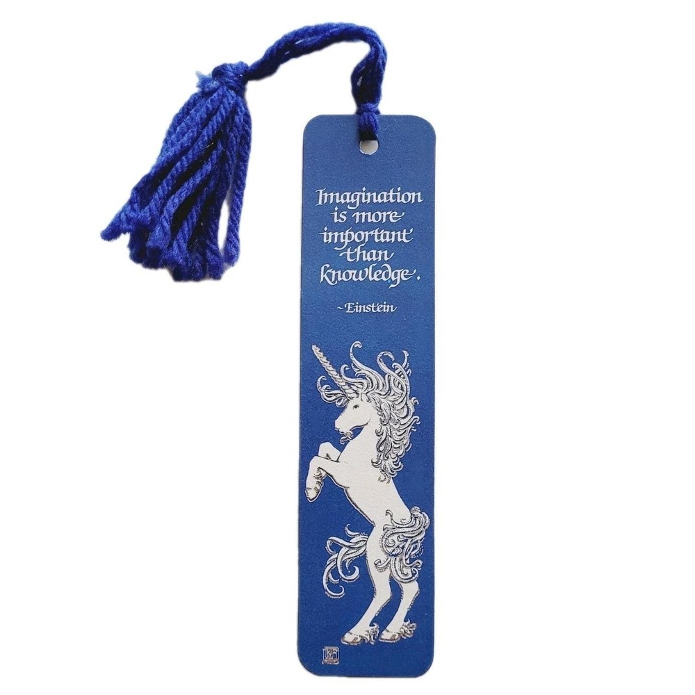 Vintage 80s Unicorn Bookmark Einstein Quote Blue Tassel Silver 1982 Antioch H502